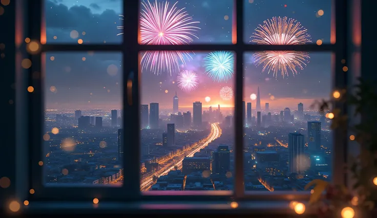 Scenery Seen Through a Window,Windowside with fireworks visible、high quality realistic 3d rendering,precise texture,Sparkling night view,Deep Colors,sophisticated composition,Charming Atmosphere,Delicate Details,Exquisite Bokeh ,Masterpiece,City