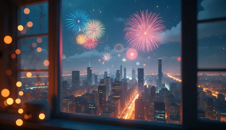 Scenery Seen Through a Window,Windowside with fireworks visible、high quality realistic 3d rendering,precise texture,Sparkling night view,Deep Colors,sophisticated composition,Charming Atmosphere,Delicate Details,Exquisite Bokeh ,Masterpiece,City