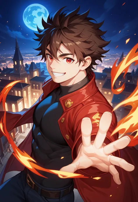 dark brown hair, man, red eyes, white skin, strong, strong physique, black shirt, focus on character, city in background, night, smiling, cheerful, messy hair, looking at viewer, anime style, young, athletic, wizard, Gojou Satoru, Magic, Red magic, Red mag...