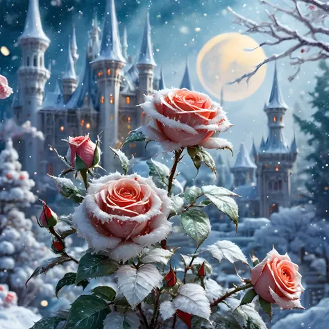 (Absurdres:1.2), exquisitely detailed Winter, vampire ice palace, moon, roses, first snow, white and ivory tetradic colors, glimmer, bokeh, Watercolor, trending on artstation, sharp focus, studio photo, intricate details, highly detailed, by Beeple, illust...