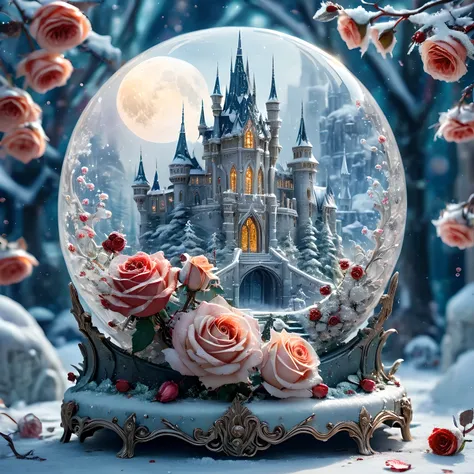 (Absurdres:1.2), exquisitely detailed Winter, vampire ice palace, moon, roses, first snow, white and ivory tetradic colors, glimmer, bokeh, Watercolor, trending on artstation, sharp focus, studio photo, intricate details, highly detailed, by Beeple, illust...