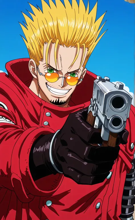 1male,solo,Vash the Stampede Trigun,blond hair,short hair,spiked hair,green eyes,evil grin,,goatee,sun glasses,red coat,big muscle,silver pistol,Hand Pointing A Gun Meme ,disert,One Piece (Egghead) Style