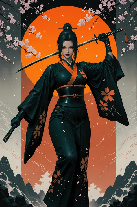 A dynamic, digitally painted illustration of a female warrior, inspired by Japanese aesthetics, wearing a black and orange kimono, wielding katanas, with a backdrop of stylized cherry blossoms; detailed, expressive pose, rich color palette of black, orange...