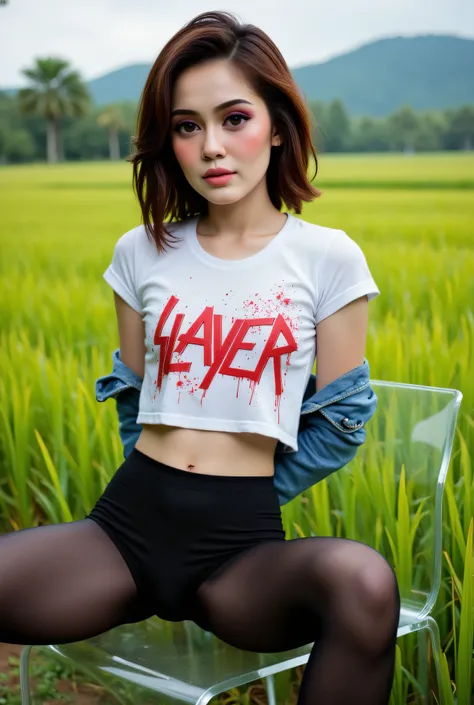 Cutie small Just Front photo, wear a loose drop Looks like a little rubber panties pastel translucent (black) leggings closed my center, Tetek besar melayut, hijab hijab hijab  hijab, (photorealistic:1.6), background rice paddy. daytime atmosphere, don't p...