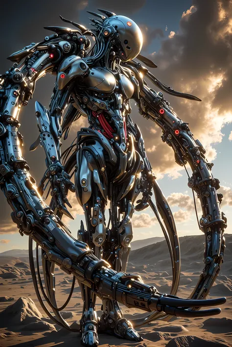 A cybernetic photograph captures a majestic 2-meter tall organomachine creature standing amidst the desolate, rocky terrain of a barren planet. The humanoid figure boasts a robust biological core encased within a metallic exoskeleton, its modular limbs in...