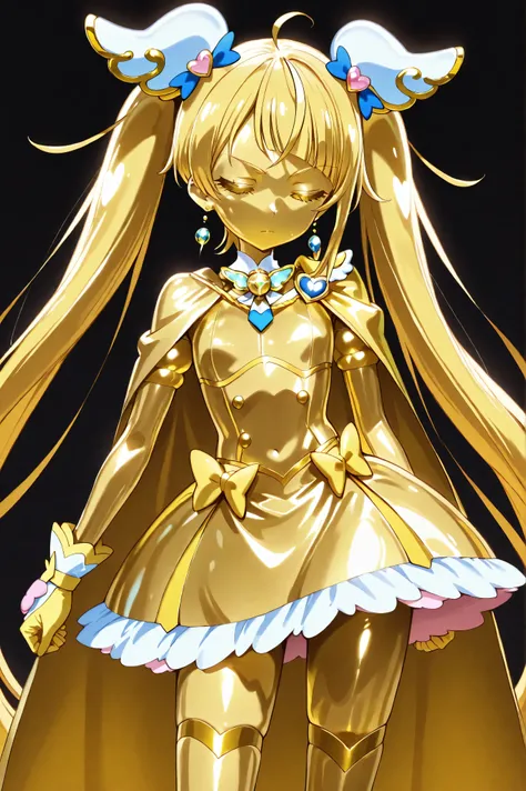 Cure Sky, masterpiece, best quality, Newest, very high resolution, closed eyes, yellow hair, yellow sclera, closed mouth, No students, Yellow skin, glossy skin, metal skin, Black eyebrows, Slanted eyebrows, 1girl, solo, Cowboy Shot, standing, dynamic on ...