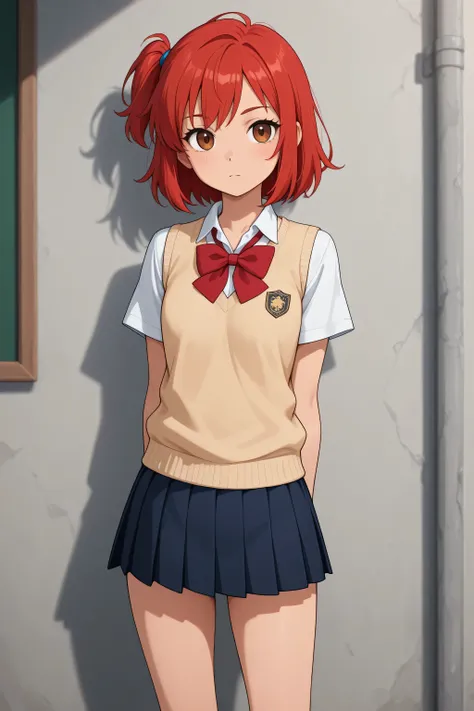 A girl with short red hair and brown eyes standing and wearing school clothes In anime style
