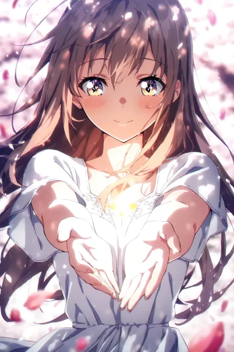 anime screencap, by ufotable, Top quality, masterpiece, ultra high resolution, 1girl, facing forward, arms stretched out in front, gentle smile, long hair, hair blowing in the wind, white dress, delicate hand movements, sparkling eyes, soft light, petals f...
