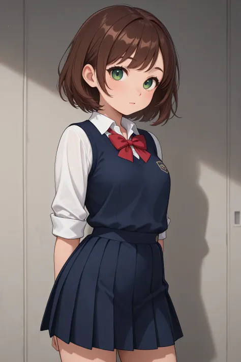 Girl with long and short brown hair and green eyes standing and wearing school clothes 