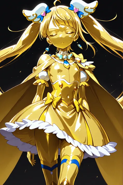 Cure Sky, masterpiece, best quality, Newest, very high resolution, closed eyes, yellow hair, yellow sclera, closed mouth, No students, Yellow skin, glossy skin, metal skin, Black eyebrows, Slanted eyebrows, 1girl, solo, Cowboy Shot, standing, dynamic on ...