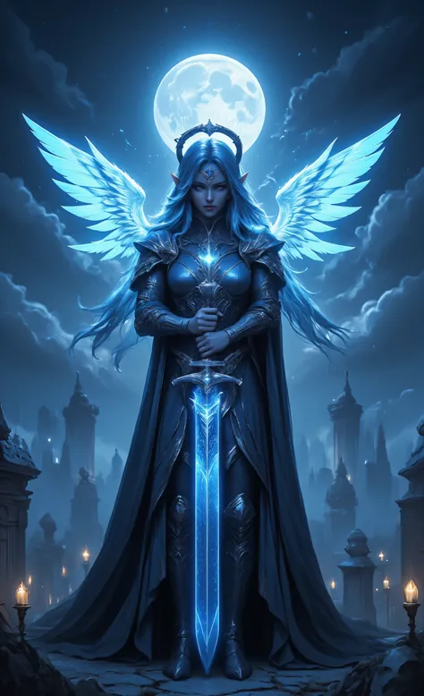 midjourney ,zavy-ctcmcs,w1n,hyp3rd3tail style,fantasy art of aasimar, female, paladin ready for battle under the full moon, holy warrior, spread large feathered wings, majestic wings, white angelic wings spread , moon light, moon, stars, clouds, holy symb...