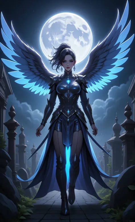 zavy-ctcmcs,hyp3rd3tail style,,fantasy art of aasimar, female, paladin ready for battle under the full moon, holy warrior, spread large feathered wings, majestic wings, white angelic wings spread , moon light, moon, stars, clouds, holy symbol, armed with ...