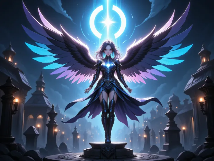 zavy-ctcmcs,hyp3rd3tail style,,fantasy art of aasimar, female, paladin ready for battle under the full moon, holy warrior, spread large feathered wings, majestic wings, white angelic wings spread , moon light, moon, stars, clouds, holy symbol, armed with ...