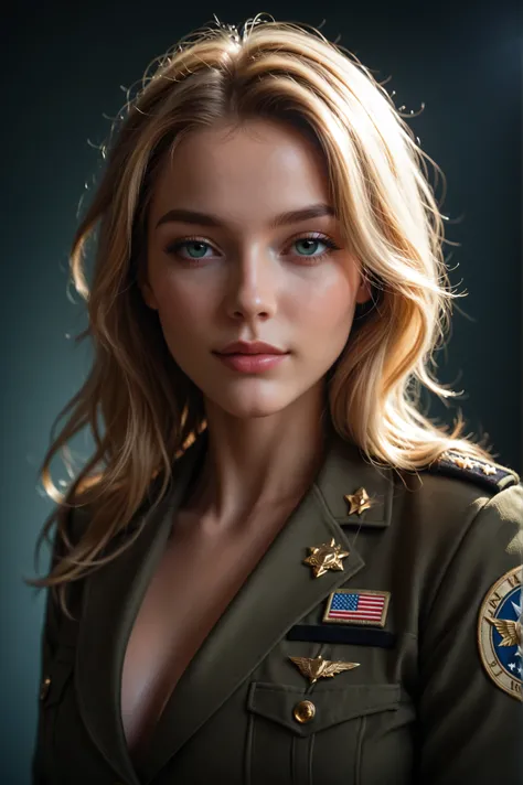 girl Natasha, 1.70 cm, 26 years old, blonde, full bust, military outfit, realistic, 8k, hyper detailed, cinematic lighting, intricate details, realistic skin, elegant pose, natural expression, high quality, vivid colors, depth of field, studio lighting, co...