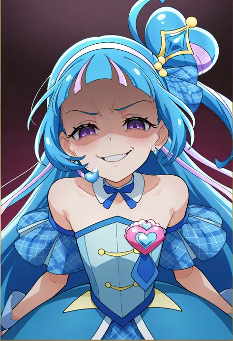、  、from below、 BREAK、cure ink 、Cure Winx  、idol you and idol Pretty Cure blue hair、Magical Girl、 mini crown、PURPLE EYES, blue dress ,Angled hat,Very Long Hair,sober bang,Bareshoulder,Headband,,,nsfw,(rape face:1.5),obscene,top quality,very detailed images...