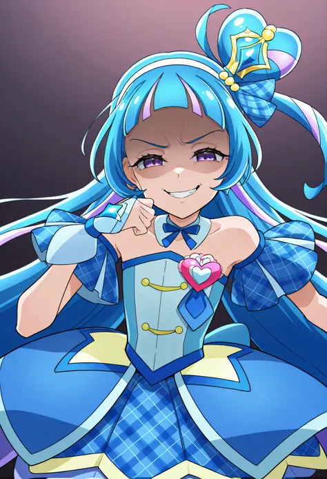 、  、from below、 BREAK、cure ink 、Cure Winx  、idol you and idol Pretty Cure blue hair、Magical Girl、 mini crown、PURPLE EYES, blue dress ,Angled hat,Very Long Hair,sober bang,Bareshoulder,Headband,,,nsfw,(rape face:1.5),obscene,top quality,very detailed images...