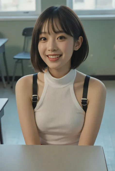 Masterpiece}}, {{Highest Quality}}, {{Largest Image}}, {{High Resolution}, {Photorealistic}, (RAW Photo}, {Highly Detailed Face}}, {{Unified 8K Wallpaper)),{In the Classroom}, {Black Knee-High Socks, Garter Straps}, {{White Turtleneck}, (Sleeveless}, Blake...