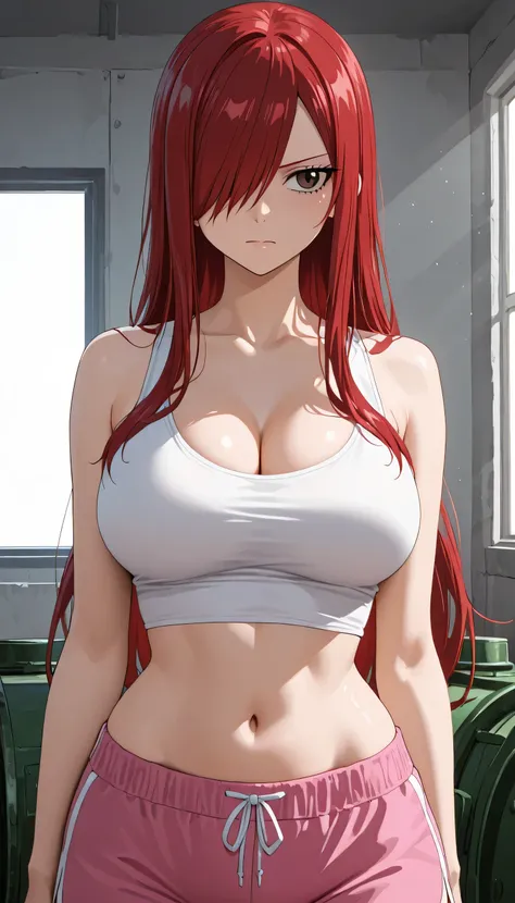 masterpiece, high score, great score, absurdres, close-up, beautiful woman, erza scarlet, long hair, red hair, hair over one eye, brown eyes, perfect round breasts, navel, cleavage, (wide hips), ((beautiful eyes)), vivid colors, volumetric lighting, soft l...