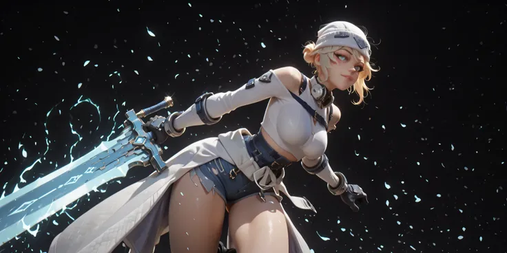 masterpiece, high resolution, 4k, best quality, solo female character, SAME as Kiriko K-pop (inspired by Le Sserafim Blue Frame), stylish white beanie, ultra-detailed, alone, light blonde hair with gray tones, short hair SAME as Kikiko's (Le Sserafim), blu...
