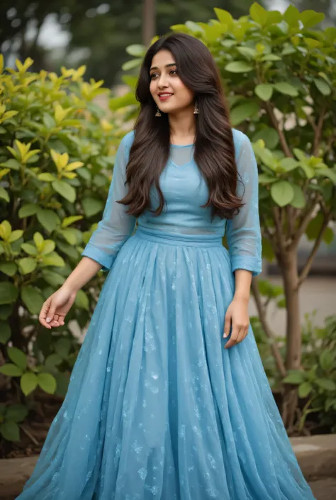 "A beautiful young Indian big breast wooman standing outdoors in front of lush green trees, wearing a flowing blue multi layer gown with three-quarter sleeves. Her hair is styled in a thick side braid, and she is smiling gently with a cheerful expression. ...
