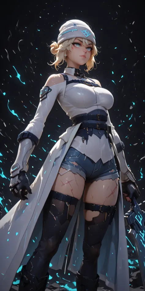 masterpiece, high resolution, 4k, best quality, solo female character, SAME as Kiriko K-pop (inspired by LE SSERAFIM Blue Frame), stylish white beanie, ultra-detailed, alone, light blonde hair with gray tones, short hair SAME as Kikiko (LE SSERAFIM), blue ...