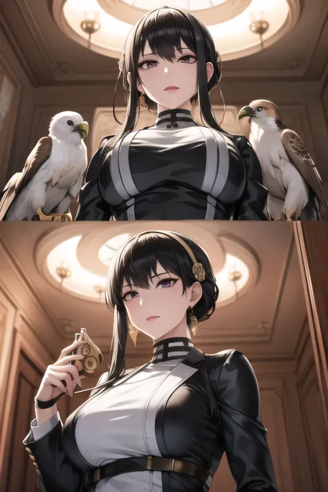 can you draw a female boss with a big hawk and an eagle，，Can you draw an indoor hawk and an eagle，a bird beside the boss,Blonde，sunglasses，Long Black Hair,The leader of the secret mission，wearing a white tuxedo suit ，clothes that are easy to move around in...