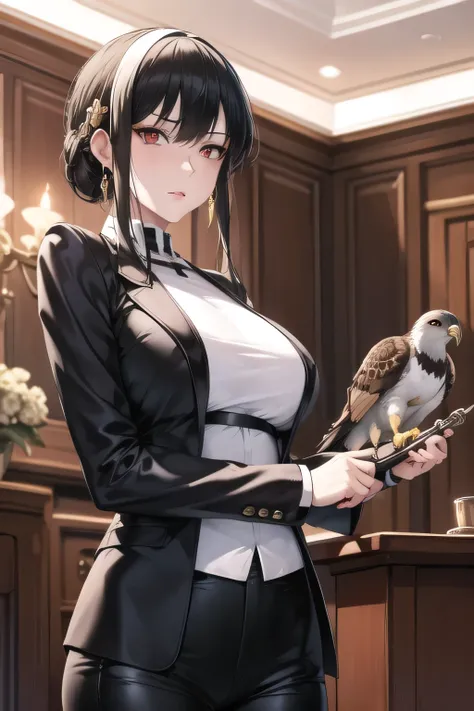 can you draw a female boss with a large falcon and an eagle，，can you draw an indoor falcon and an eagle，The bird beside the boss,Blonde，sunglasses，Long Black Hair,The leader of the secret mission，wearing a white tuxedo suit  ，clothes that are easy to move ...