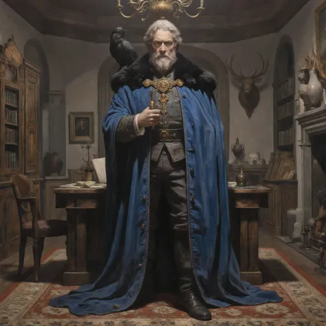 Masterpiece, 8k resolution, hyperrealistic, detailed, intricate. Classic painterly realism, reminiscent of Renaissance portraiture, with a touch of medieval fantasy art. A half-body portrait of a 36-year-old German man with a distinguished, salt-and-pepper...