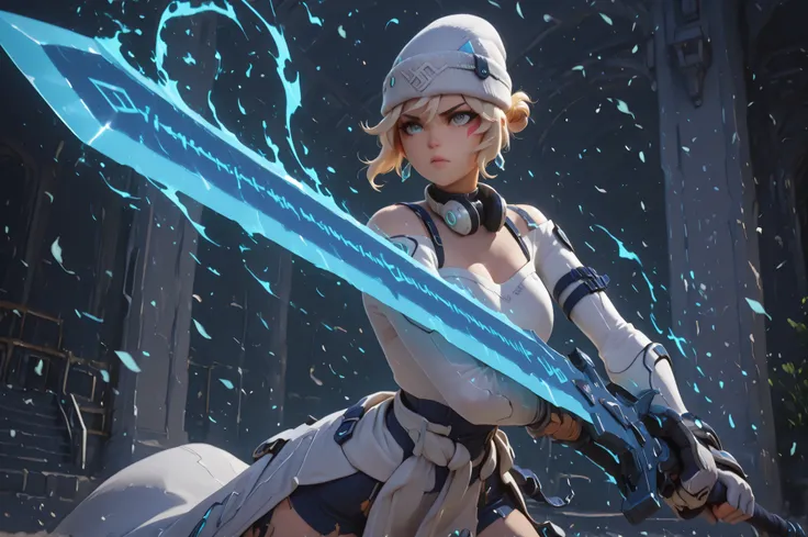masterpiece, high resolution, 4k, best quality, solo female character, SAME as Kiriko K-pop (inspired by LE SSERAFIM Blue Frame), stylish white beanie, ultra-detailed, alone, light blonde hair with gray tones, short hair SAME as Kikiko (LE SSERAFIM), blue ...