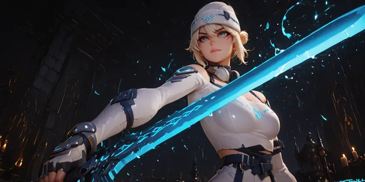 masterpiece, high resolution, 4k, best quality, solo female character, SAME as Kiriko K-pop (inspired by LE SSERAFIM Blue Frame), stylish white beanie, ultra-detailed, alone, light blonde hair with gray tones, short hair SAME as Kikiko (LE SSERAFIM), blue ...