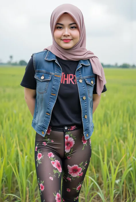 The real cutie small tiny Just Front photo, wear a loose drop Looks like a little rubber panties pastel translucent (black flora print) leggings closed my center, Tetek besar melayut, hijab hijab hijab hijab, (photorealistic:1.6), background rice paddy. d...