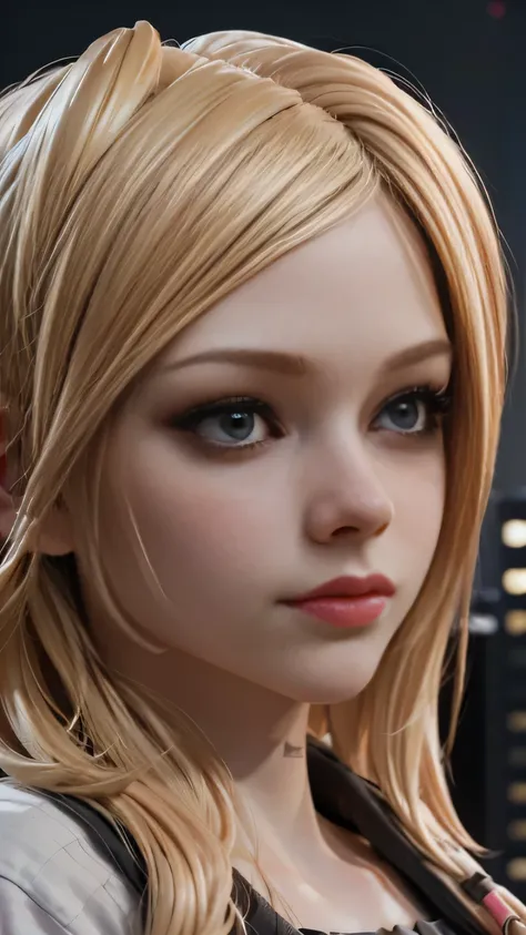 photo of Avril Lavigne, RAW, beautiful woman, ((portrait)), ((detailed face:1.2)), ((detailed facial feature, detailed skin, clear skin), (perfect proportioned body, clegage), (wearing a Kawaii school uniform) (high detailed city environment, apartment bal...