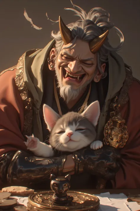 the boss's adorable pet, the boss with tremendous power、Surprisingly cute, is small, the scene where he dotes on curious pets, soft expression, A gentle embrace, the gap between the boss's strength and the pet's loveliness, High Quality, Realistic, precis...