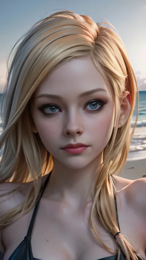 photo of Avril Lavigne, RAW, beautiful woman, ((portrait)), ((detailed face:1.2)), ((detailed facial feature, detailed skin, clear skin), (perfect proportioned body, clegage), (wearing a bikini) (high detailed beach environment, tropical island), (realisti...