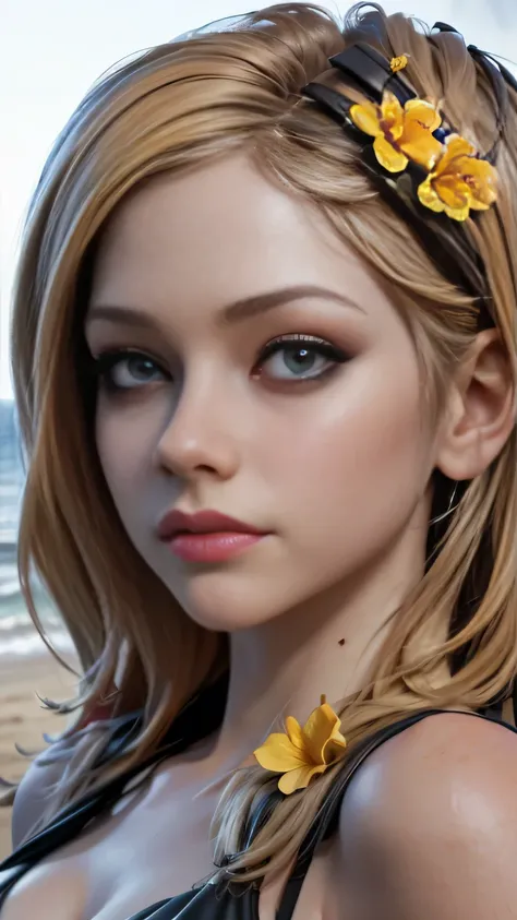 photo of Avril Lavigne, RAW, beautiful woman, ((portrait)), ((detailed face:1.2)), ((detailed facial feature, detailed skin, clear skin), (perfect proportioned body, cleavage), (wearing a black bikini with yellow flowers) (high detailed beach environment, ...