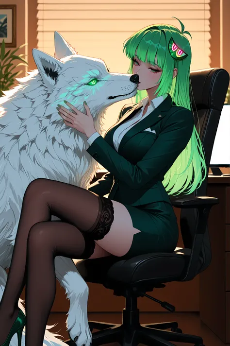 Vannamelon, woman with glowing green hair, (A woman in a suit sits on an office chair kissing a big white wolf), skirt, stockings, ((perfect face, beautiful eyes, detailed eyes)), Luxurious Office, Dusk Light, soft lighting, elegant, Long Green Hair, Moder...