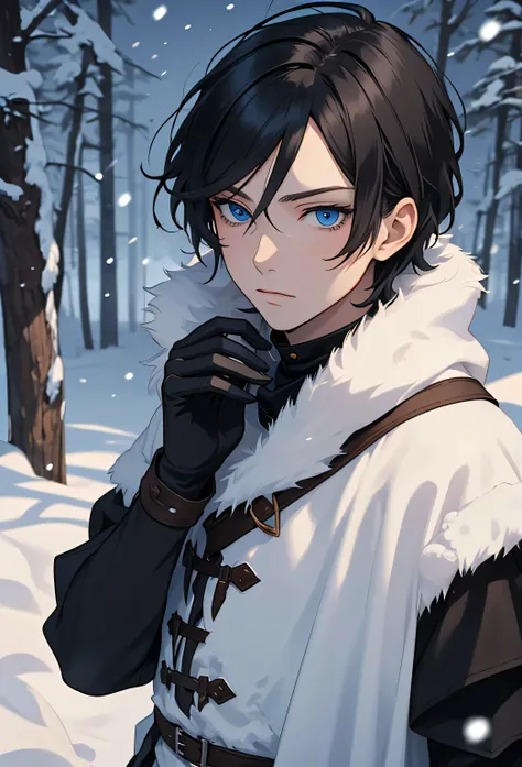 A single man anime style semi-realistic short black hair and blue eyes , beautiful face, He wears black medieval European clothes and a black winter tunic with snow skin, wears black gloves, cold expression , in a snowy landscape