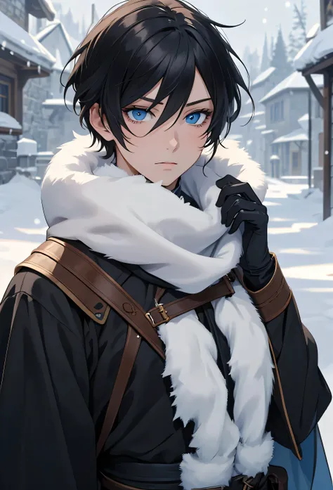 A single man anime style semi-realistic short black hair and blue eyes , beautiful face, He wears black medieval European clothes and a black winter tunic with snow skin, wears black gloves, cold expression , in a snowy landscape