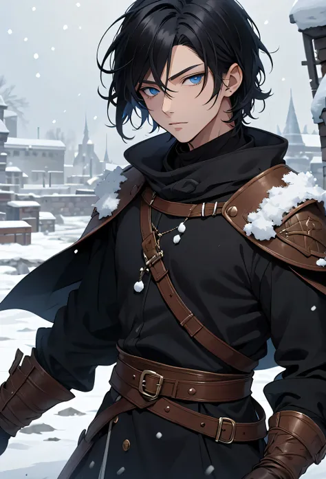 A single man anime style semi-realistic short black hair and blue eyes , beautiful face, He wears black medieval European clothes and a black winter tunic with snow skin, wears black gloves, cold expression , in a snowy landscape