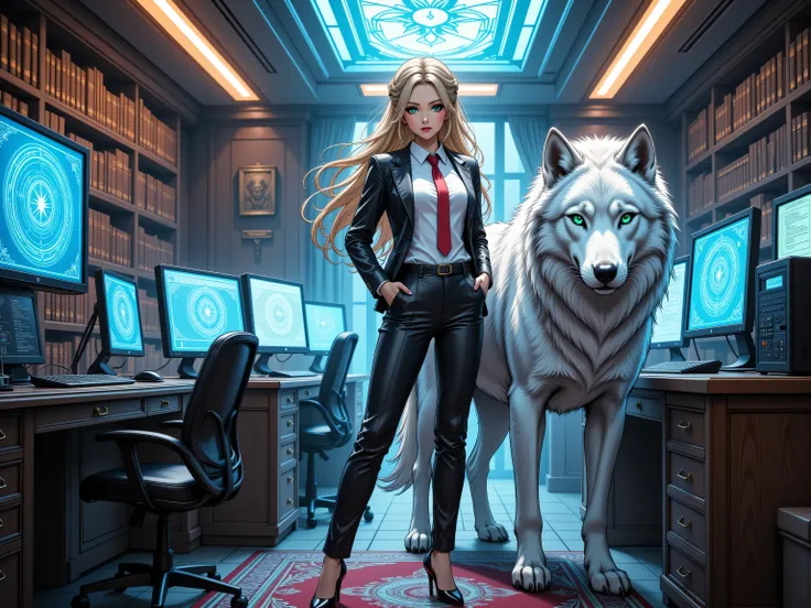 zavy-ctcmcs,hyp3rd3tail style, fantasy art, RPG art, ultra wide shot, RAW, photorealistic, a picture of woman in her high tech office and her white wolf pet, the woman,  an exquisite beautiful human woman, long blond hair, braided hair, green eyes, wearing...