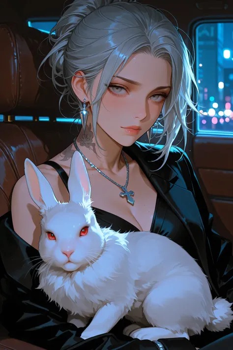 Mafia Boss、a dignified expression、Boss Style、neck tattoo、silver necklace、silver earrings、Silver Ring、white rabbit on the lap、Cinematic Atmosphere