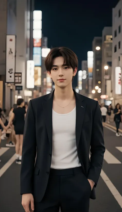 man standing in front of camera,One person、((full body shot with mahiru:1.5))、 with a smile、a portrait, Inspired by Ruben Tam, wearing a white tank top as an inner layer and a black suit, ((CENTER PART HAIRSTYLE:1.5))、Justin Sun , headshot, For commercial ...