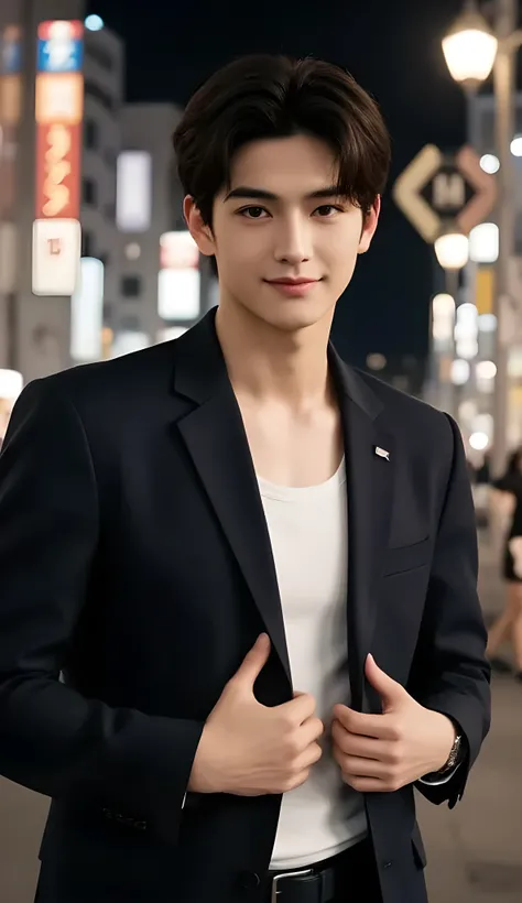 man standing in front of camera,One person、((full body shot with mahiru:1.5))、 ((Staring at the camera with a smile:1.5))、a portrait, Inspired by Ruben Tam, wearing a white tank top as an inner layer and a black suit,black belt、 ((CENTER PART HAIRSTYLE:1.5...