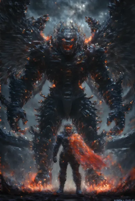 Anime-style illustration titled "Boss's Pet". A powerful, intimidating champion stands confidently beside their legendary machine-beast. The champion wears a sleek black and crimson suit with glowing cybernetic patterns, a long cape fluttering, and a cold,...