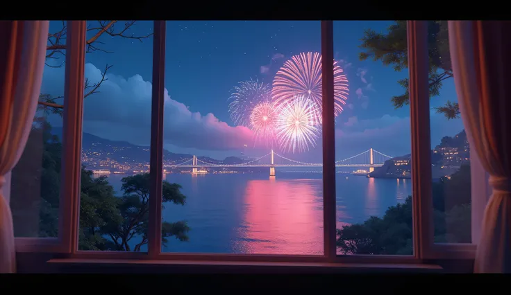 Scenery Seen Through a Window,Windowside with fireworks visible、high quality realistic 3d rendering,precise texture,Sparkling night view,Deep Colors,sophisticated composition,Charming Atmosphere,Delicate Details,Exquisite Bokeh ,Masterpiece,sea,bridge