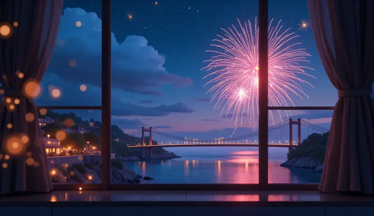 Scenery Seen Through a Window,Windowside with fireworks visible、high quality realistic 3d rendering,precise texture,Sparkling night view,Deep Colors,sophisticated composition,Charming Atmosphere,Delicate Details,Exquisite Bokeh ,Masterpiece,sea,bridge