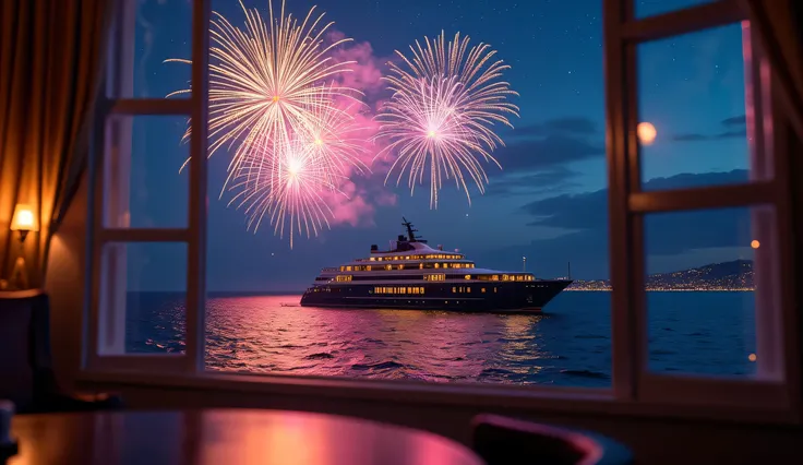 Scenery Seen Through a Window,Windowside with fireworks visible、high quality realistic 3d rendering,precise texture,Sparkling night view,Deep Colors,sophisticated composition,Charming Atmosphere,Delicate Details,Exquisite Bokeh ,Masterpiece,sea,luxury line...