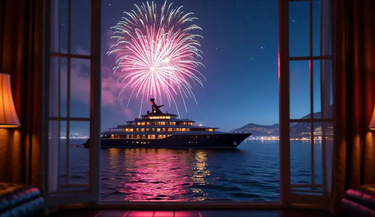 Scenery Seen Through a Window,Windowside with fireworks visible、high quality realistic 3d rendering,precise texture,Sparkling night view,Deep Colors,sophisticated composition,Charming Atmosphere,Delicate Details,Exquisite Bokeh ,Masterpiece,sea,luxury line...
