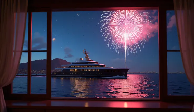 Scenery Seen Through a Window,Windowside with fireworks visible、high quality realistic 3d rendering,precise texture,Sparkling night view,Deep Colors,sophisticated composition,Charming Atmosphere,Delicate Details,Exquisite Bokeh ,Masterpiece,sea,luxury line...