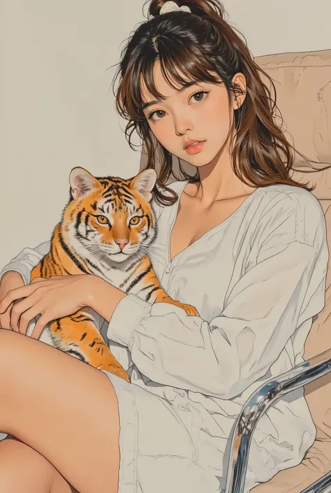 Realistic, a photogenic illustration of a beautiful woman, photogenic illustration of a beautiful woman. she comfortably surrounds your body , with curly brown hair tied in a scrunchie. she's a slender, small, flat chested. She's a linen material, wearing...